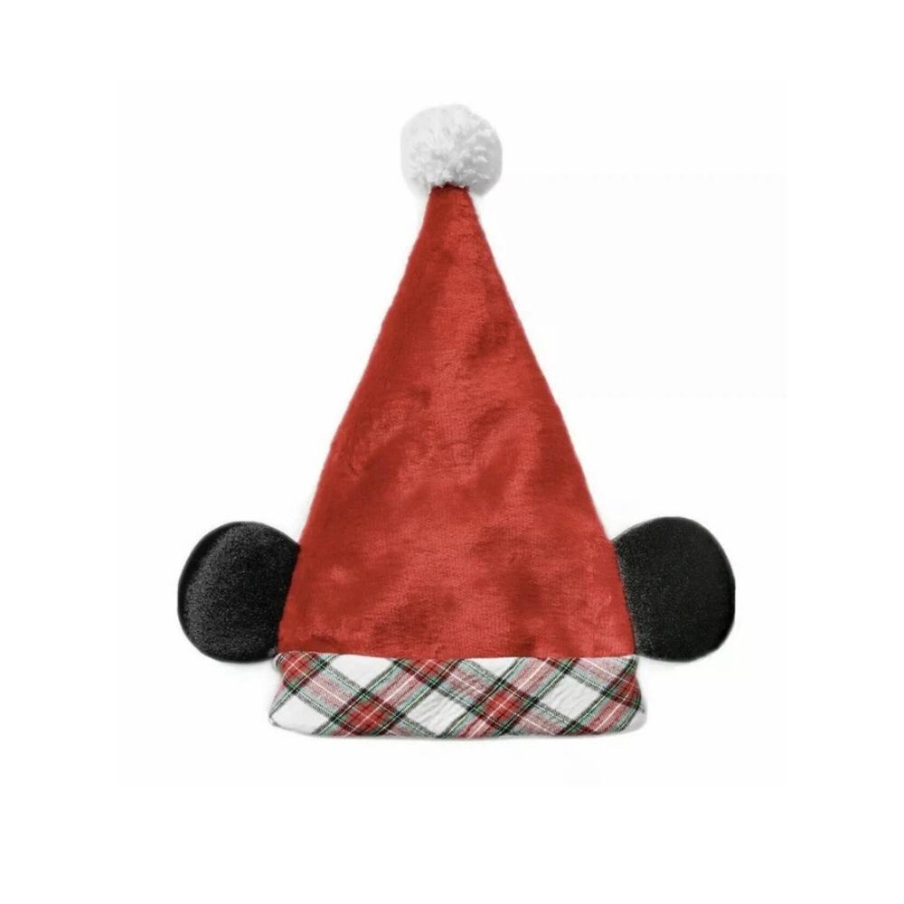 Authentic Disney Parks Christmas Plaid Red Mickey Mouse Ears Santa Hat Adult NWT